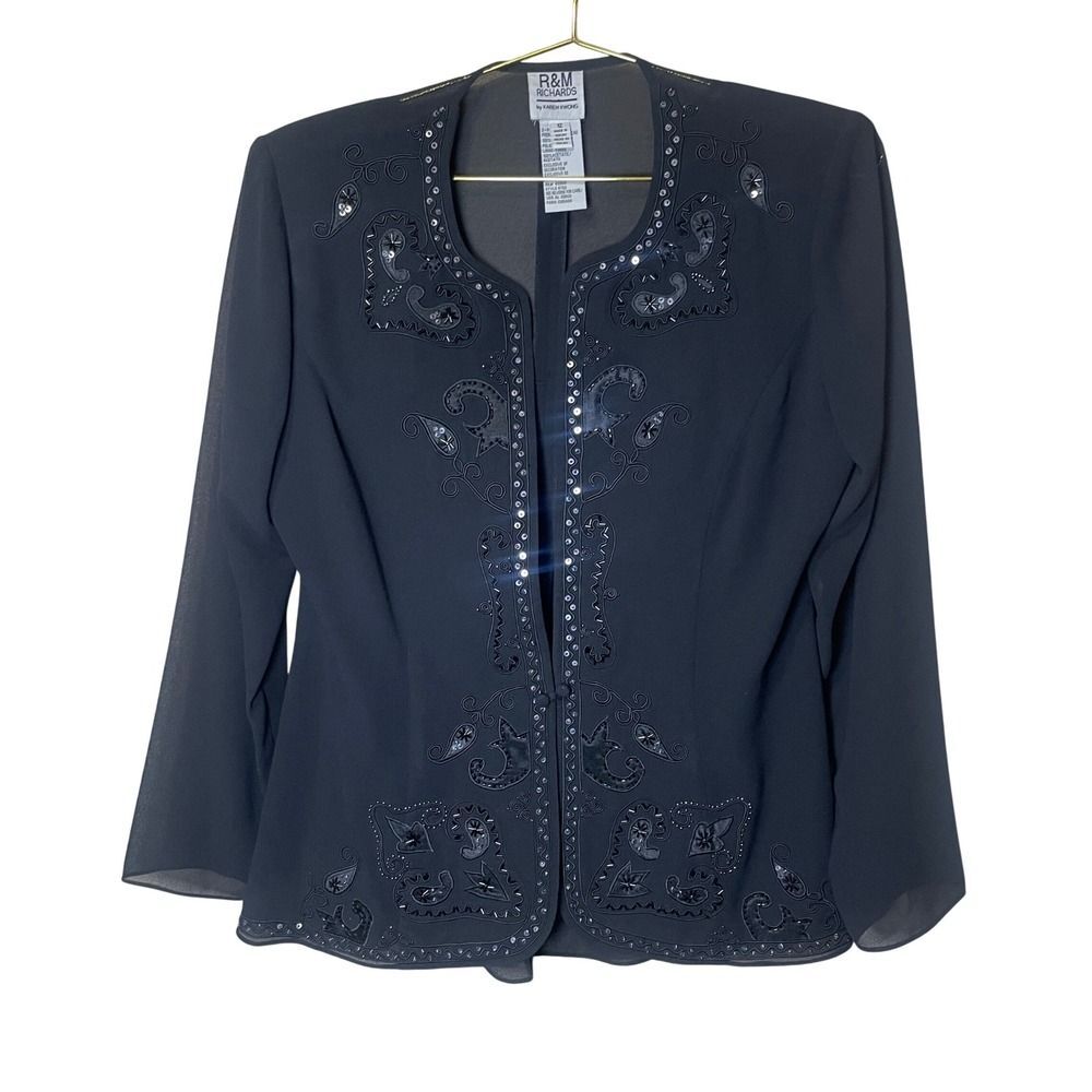 R & M Richards Evening Jacket Size 12 Black Sequin Embroidered Sheer Chiffon